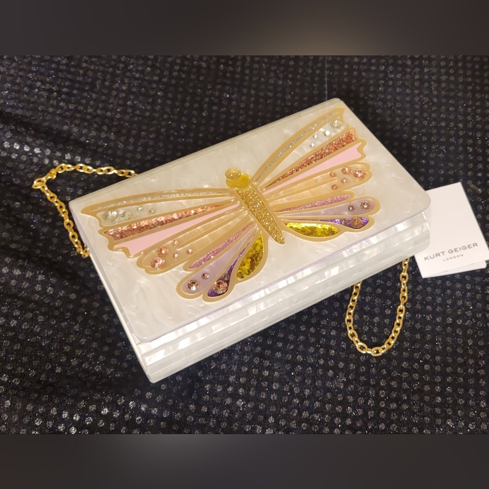 Kurt Geiger White Pearl Butterfly Acrylic Crossbody Bag with Gold Chain